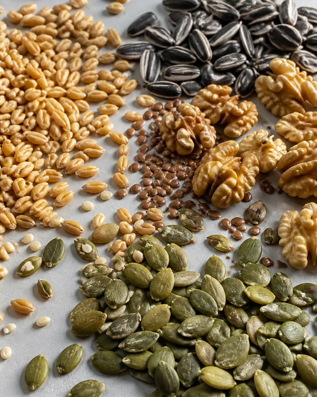 Macro photograph of mixed seeds and shelled nuts