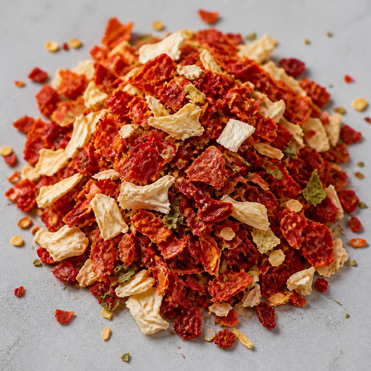 Dried vegetable flakes after cutting and sizing